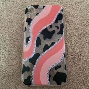 Cow print and pink stripe phone case